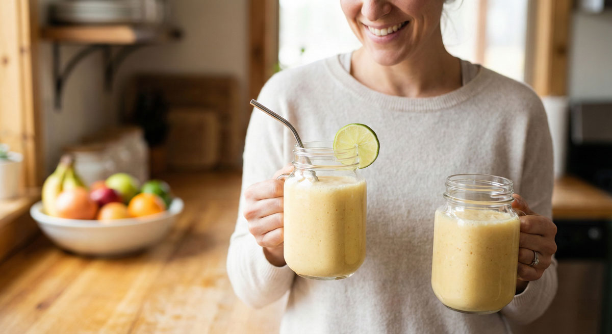 A smiling woman in a home kitchen holding two mason jars filled with the healthy paleo smoothie, garnished with a lime slice.