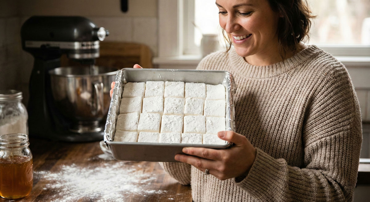 A smiling woman holds a metal pan filled with homemade marshmallows, cut into squares and dusted with tapioca flour.