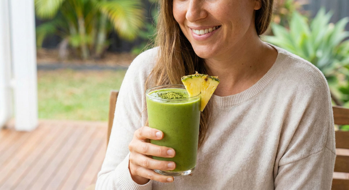 A smiling woman holding a glass of refreshing Matcha Pineapple Mango Smoothie garnished with a pineapple wedge on a sunny wooden deck.