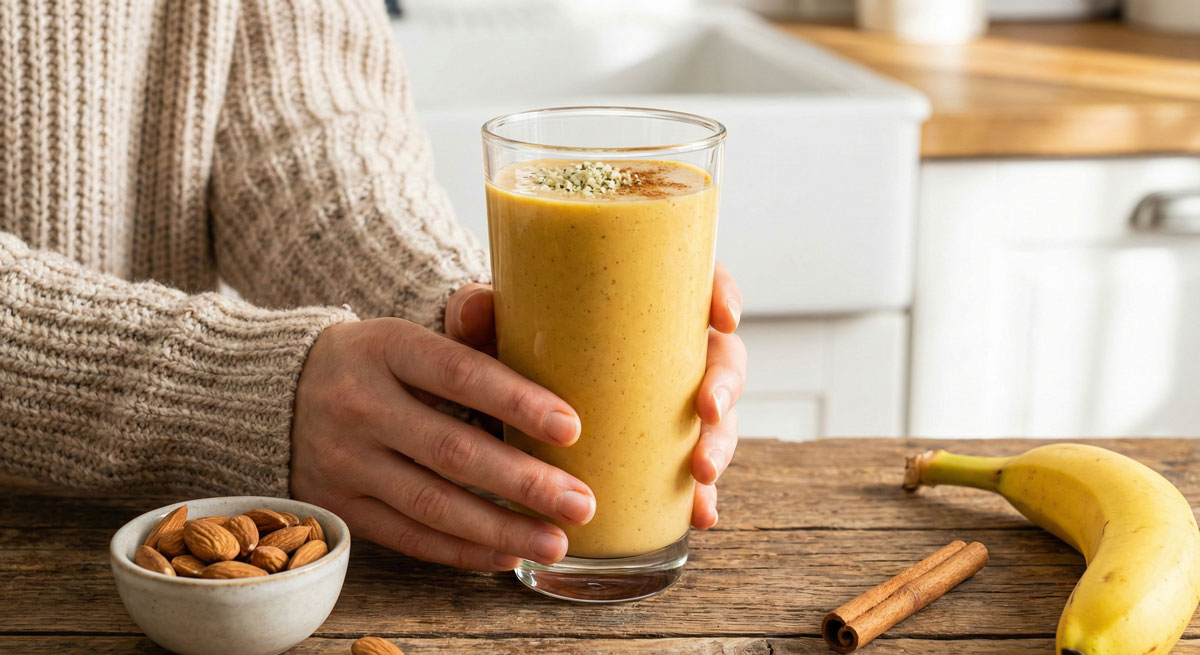 Woman's hands holding a glass of creamy Paleo Almond and Banana Smoothie, garnished with hemp seeds and cinnamon on a rustic wooden table