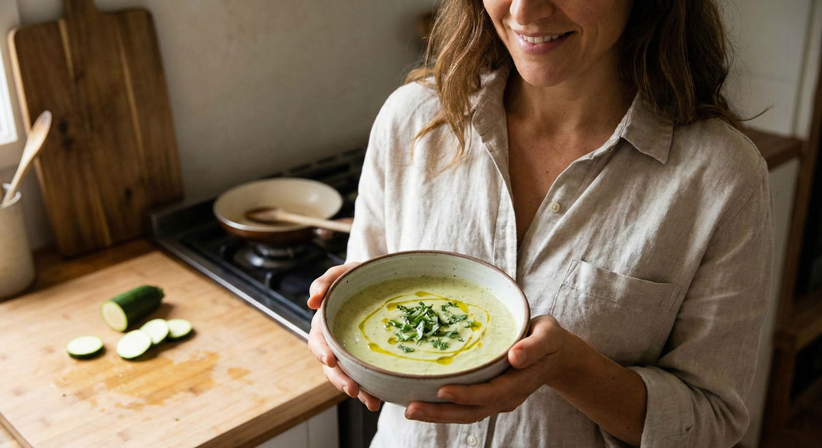 A smiling woman in a rustic kitchen holds a ceramic bowl filled with creamy Paleo Zucchini Smoothie garnished with fresh herbs and a drizzle of olive oil, with sliced raw zucchini on a cutting board in the background.