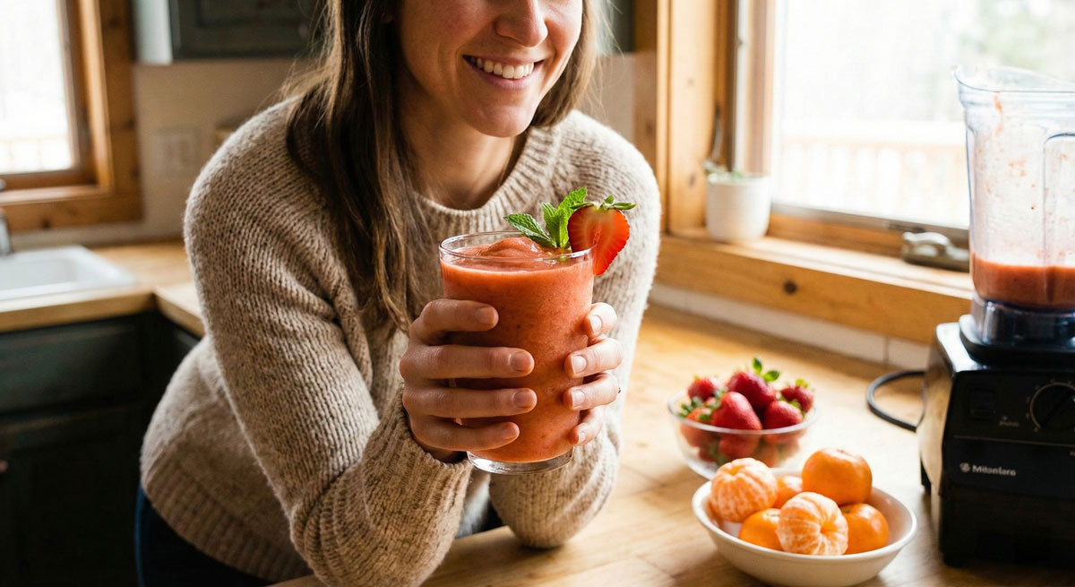 Smiling woman holding a fresh glass of Paleo Strawberry Clementine Smoothie in a bright kitchen.