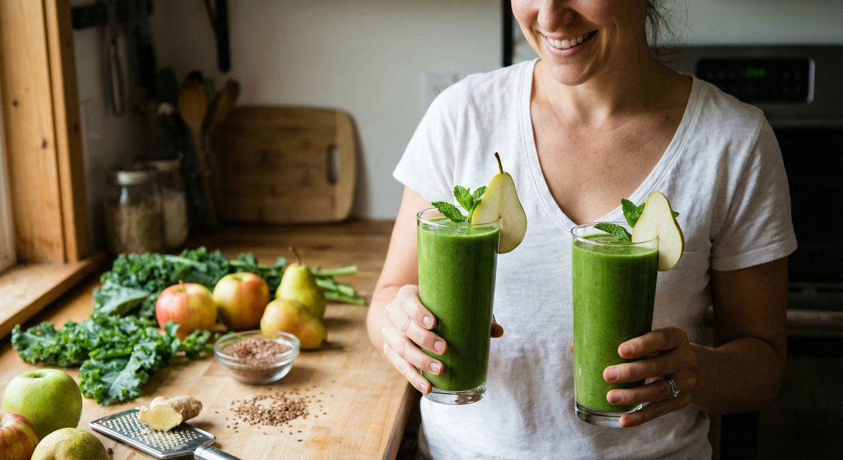 Woman holding two glasses of fresh green Paleo Tropical Smoothie, with kale, pears, and ginger ingredients displayed on the kitchen counter.