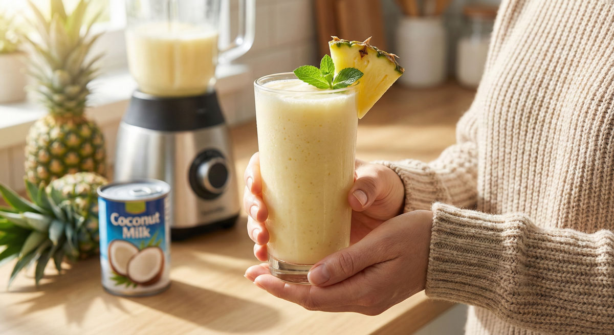 Close-up of hands holding a creamy Pineapple and Coconut Milk Smoothie with a blender and ingredients in the background.