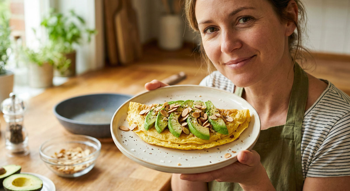 A smiling woman comfortably holds a plate featuring a perfectly cooked Avocado and Almond Omelet topped with fresh avocado slices and toasted almonds.