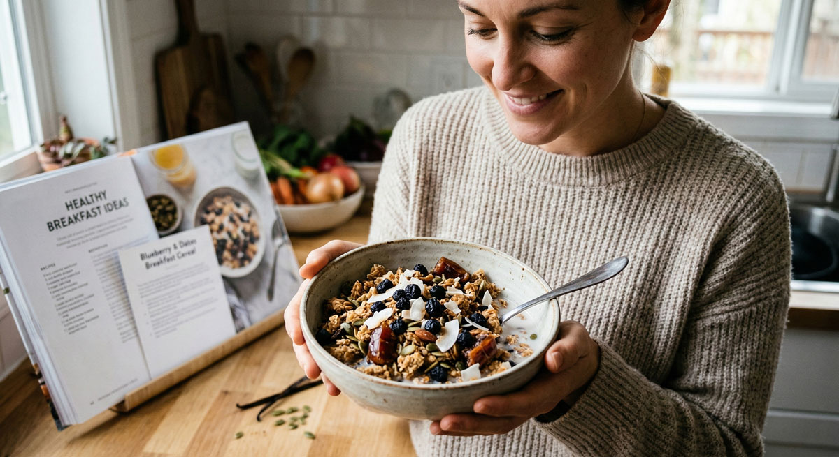 A smiling woman in a cozy sweater comfortably holding a bowl of homemade Blueberry & Dates Breakfast Cereal, highlighting the natural ingredients.