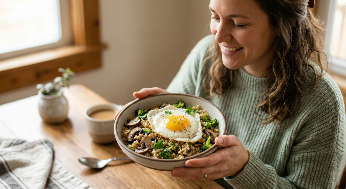 A smiling woman wearing a green sweater holds a ceramic bowl containing a delicious Quinoa Veggie Breakfast Bowl, topped with a perfect sunny-side-up egg, sautéed mushrooms, and broccoli.