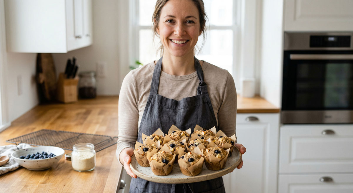 A smiling woman wearing an apron, holding a ceramic plate filled with freshly baked, ultimate Paleo almond flour muffins studded with blueberries in a bright kitchen.