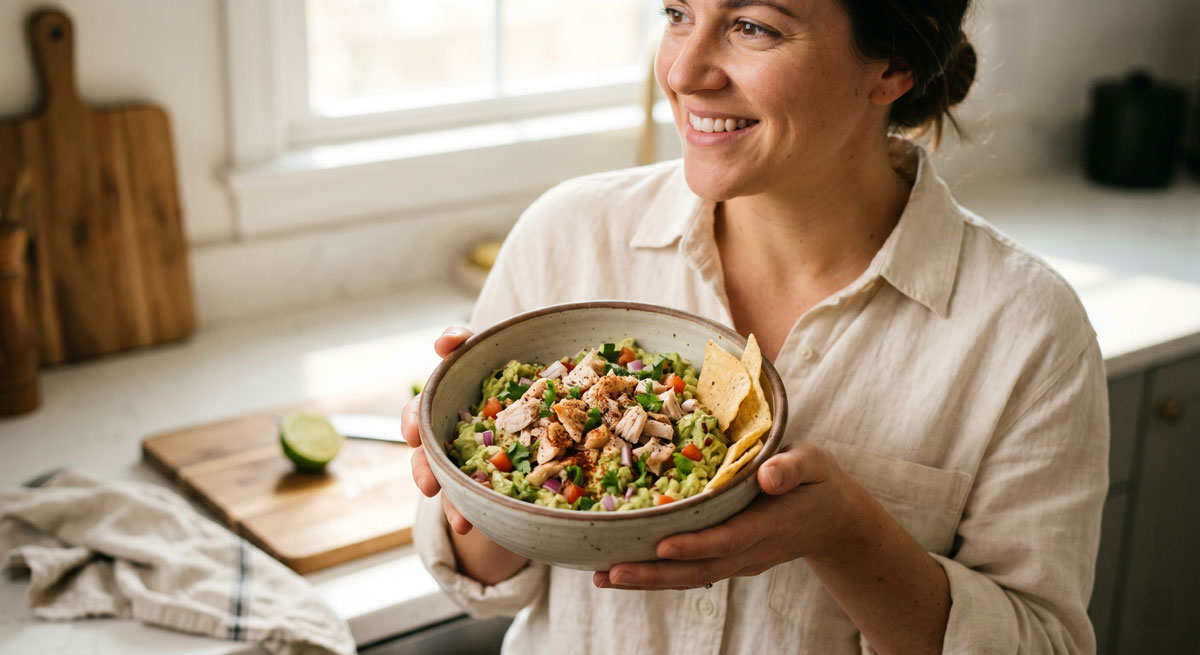 A smiling woman holds a ceramic bowl of chunky Avocado Chicken Salad mixed with red onions and tomatoes, with tortilla chips in a sunlit kitchen.
