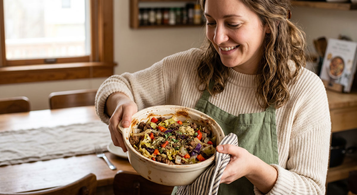 A smiling food blogger holding a rustic ceramic baking dish filled with freshly baked, hearty Beef and Veggie Casserole, featuring visible ground beef, red peppers, and purple cabbage.