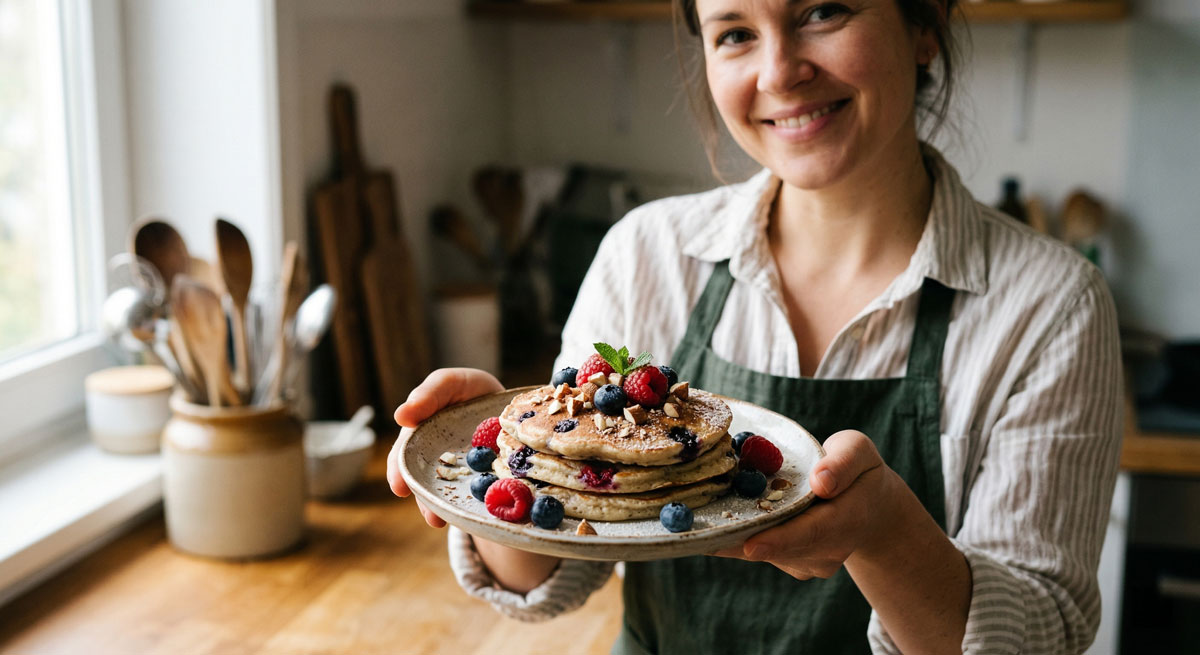 A smiling food blogger in a rustic kitchen holding a plate with a stack of fluffy Blueberries & Raspberries pancakes topped with fresh fruit, chopped almonds, and a dusting of powdered sugar.