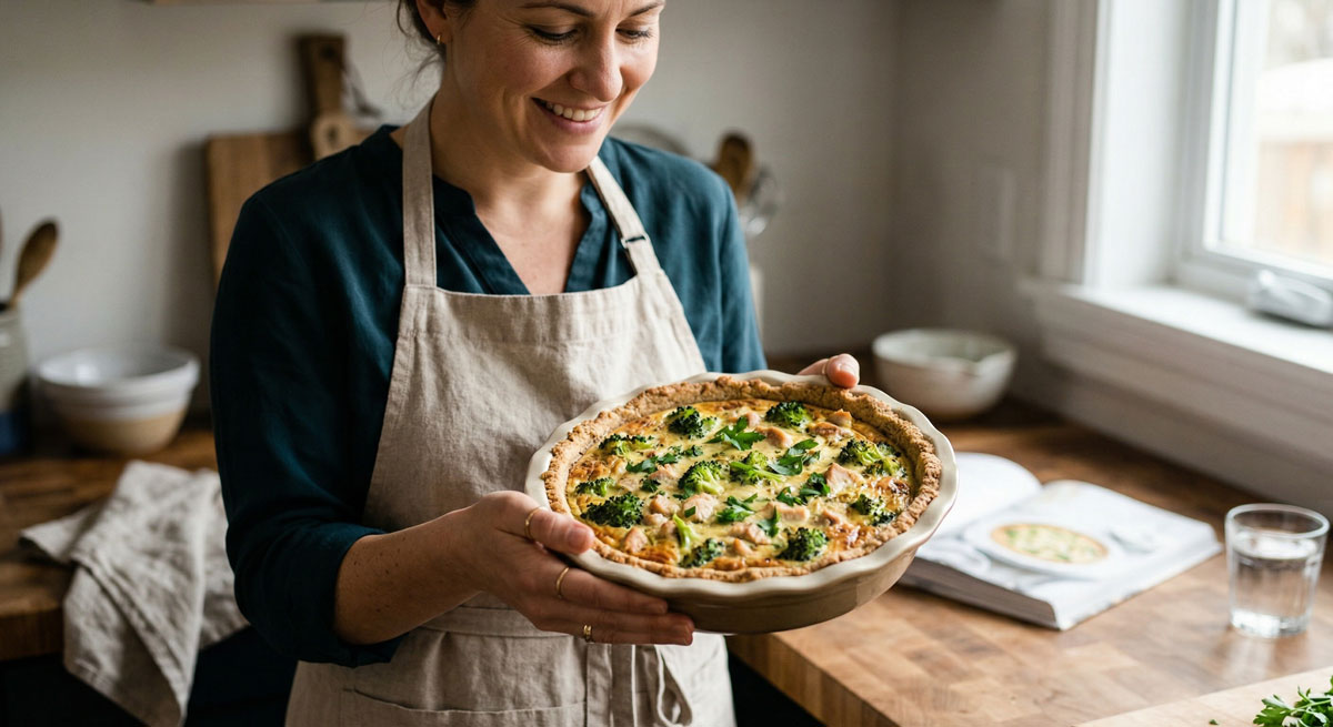 A woman in a kitchen holding a freshly baked, golden-brown Broccoli & Chicken Quiche with a grain-free almond flour crust.
