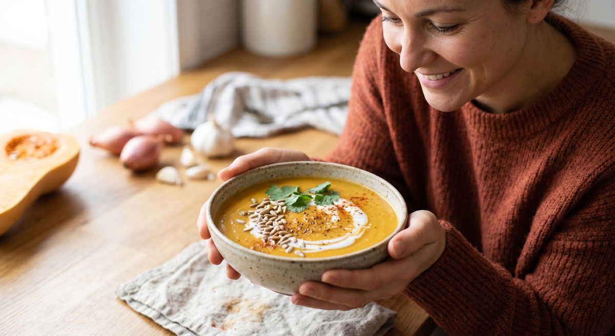 A smiling woman in an orange sweater holds a warm, comforting bowl of homemade roasted Butternut Squash Soup, topped with fresh garnishes, in a rustic kitchen.