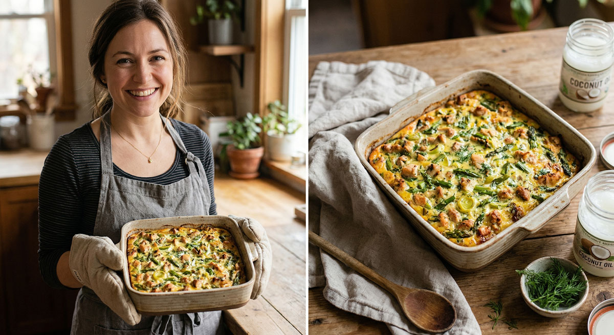 A smiling chef holding a freshly baked Chicken, Leek and Asparagus Dill Breakfast Casserole in a square ceramic dish, featuring golden-brown eggs and vibrant green vegetables.