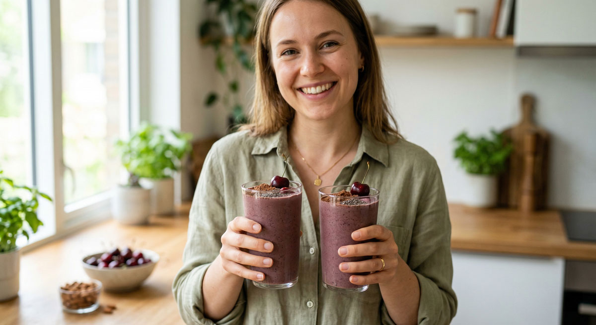A smiling woman holding two glasses of healthy Chocolate Chia Cherry Shake garnished with fresh cherries and cocoa powder in a bright kitchen