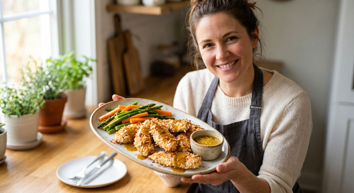Smiling female chef holding a platter of crispy baked Coconut Chicken strips served with honey mustard sauce and steamed vegetables.