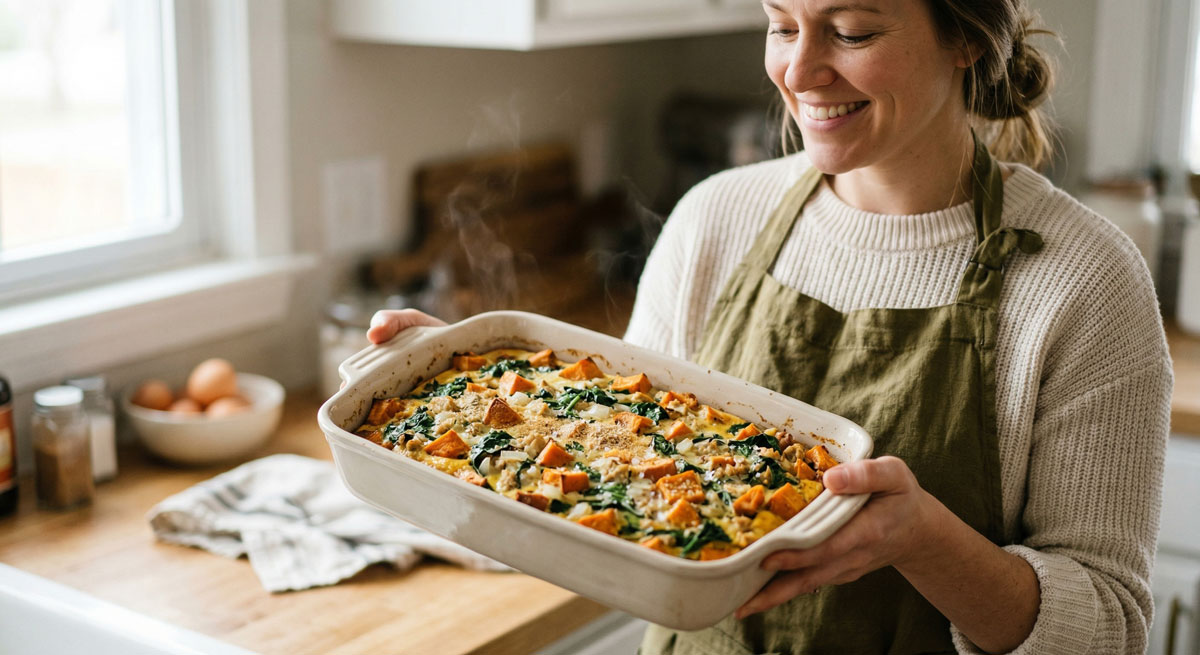 A smiling woman in an apron holding a steaming, freshly baked dish of easy Chicken Breakfast Casserole loaded with sweet potatoes and spinach.