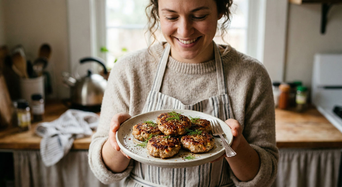 A smiling woman in a striped apron holds a plate with four seared Fennel Pork Apple Breakfast Patties, garnished with fresh herbs, in a rustic kitchen setting.