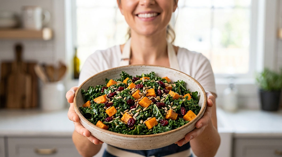 A large rustic ceramic bowl filled with a colorful and vibrant Kale, Cranberry, and Sweet Potato Salad, complete with sunflower seeds, held comfortably by a smiling woman in a home kitchen.
