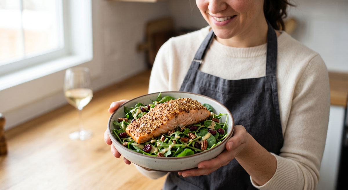 A smiling food blogger in a gray apron holding a ceramic bowl containing a perfectly cooked Mustard Crusted Salmon filet resting upon a fresh arugula and spinach salad with pecans and cranberries in a naturally lit kitchen.