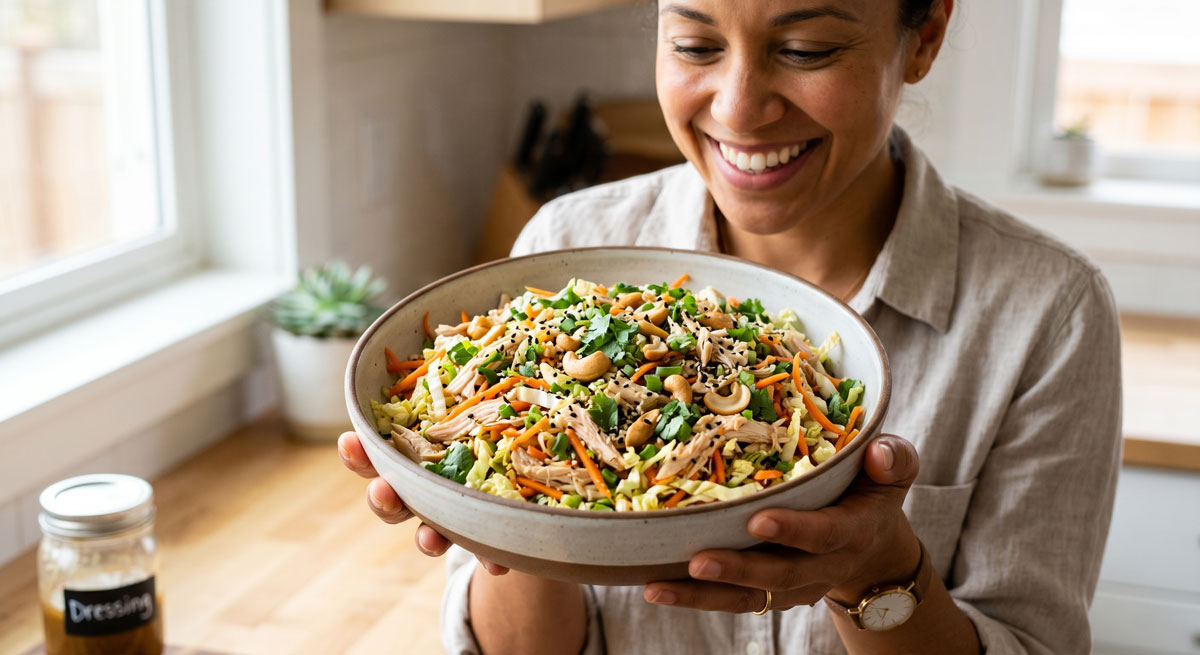 A smiling woman presenting a large ceramic bowl filled with vibrant, healthy Paleo Chinese Chicken Salad, featuring shredded chicken, Napa cabbage, cashews, and sesame seeds in a bright kitchen.