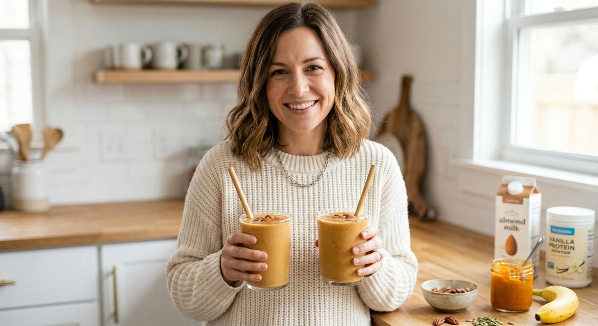 A smiling woman in a warm kitchen holding two glasses of creamy Pumpkin and Banana Smoothie garnished with cinnamon, surrounded by fresh ingredients like a banana, pumpkin puree, and almond milk.