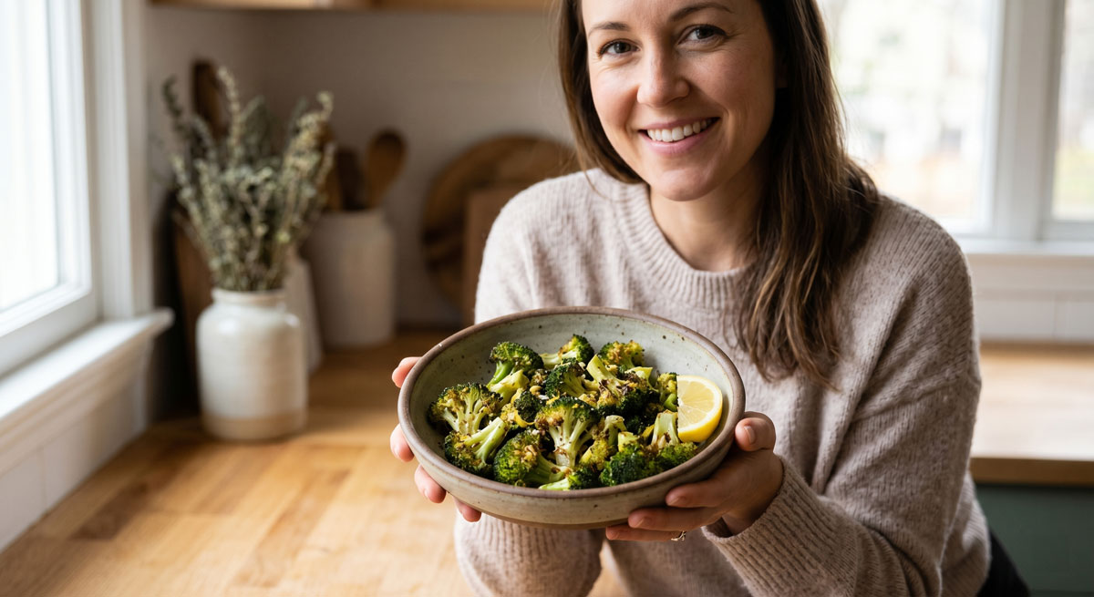 A smiling woman holding a rustic bowl of freshly made Roasted Broccoli with Lemon in a sunlit kitchen.