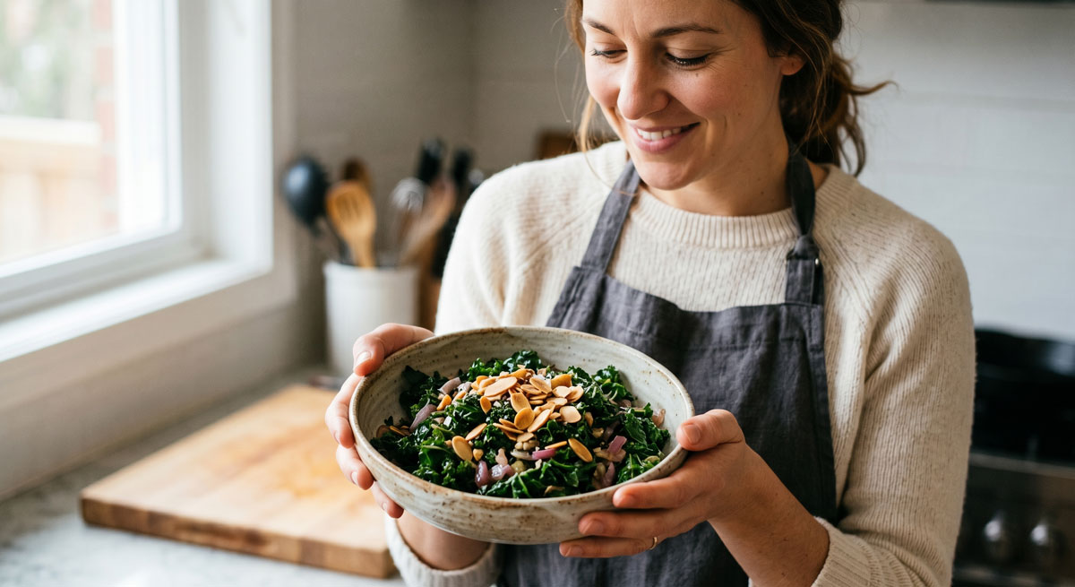A smiling woman in an apron holds a rustic bowl filled with finished Sautéed Kale, topped with toasted almond slivers and red onion, in a bright kitchen setting.