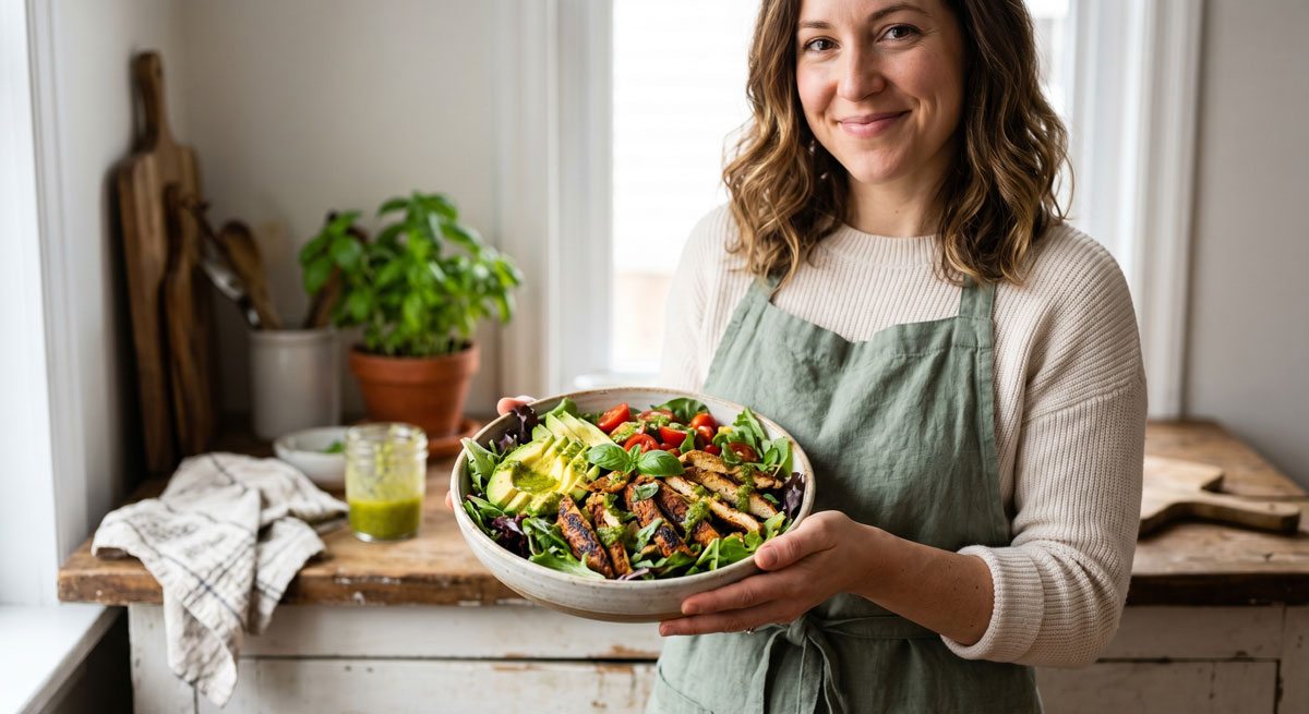 A smiling woman in an apron holding a large ceramic bowl filled with a fresh Shawarma Chicken salad featuring sliced grilled chicken, avocado, tomatoes, and greens, in a rustic kitchen setting.