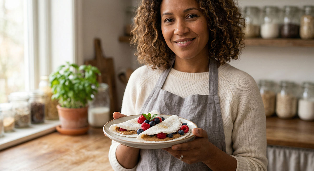 A woman in an apron holds a plate of fresh tapioca crêpes with berries and nut butter, set against a cozy kitchen background.