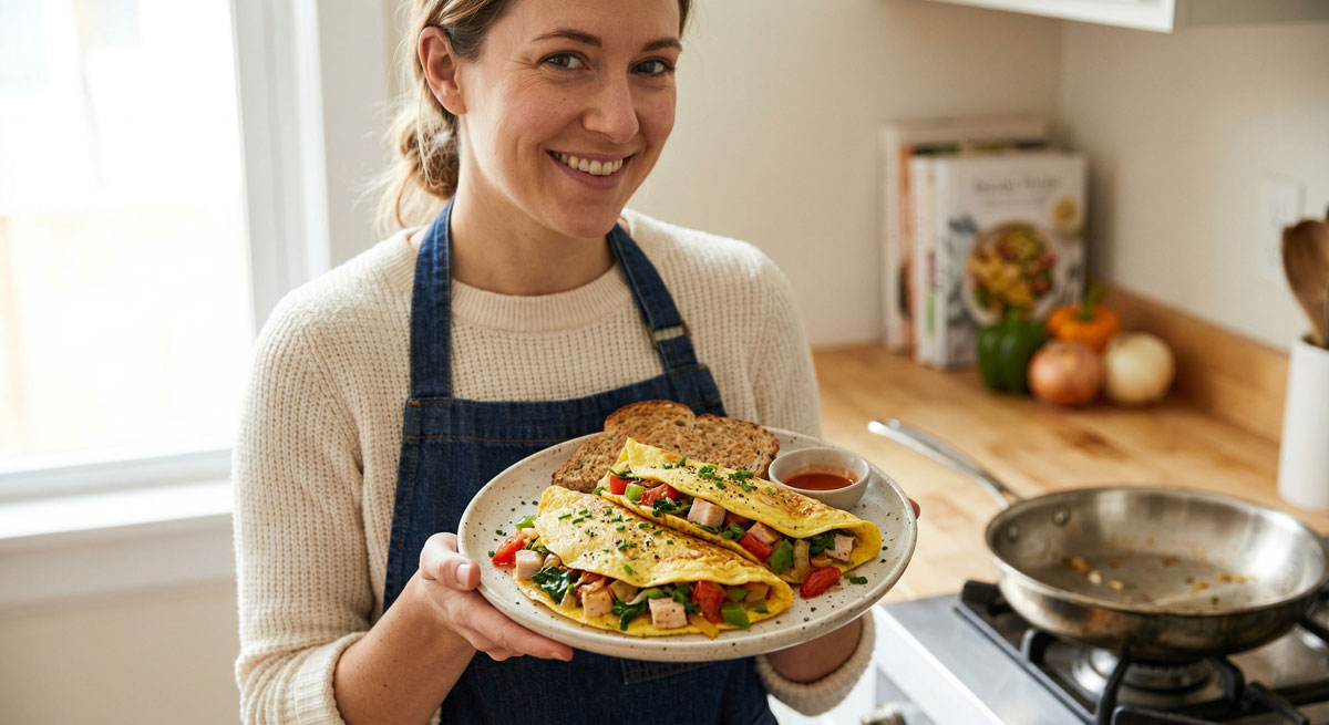 A smiling woman in an apron holds a plate with two hearty Western omelets, filled with diced turkey, spinach, and peppers, served alongside toast in a home kitchen.