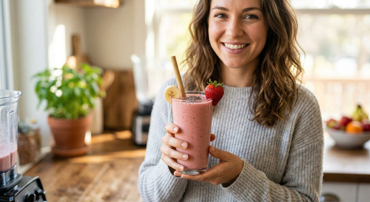 A smiling woman in a sunny kitchen holds a glass of this thick and creamy Strawberry Banana Shake, which is garnished with chia seeds, a fresh strawberry, and a banana slice.