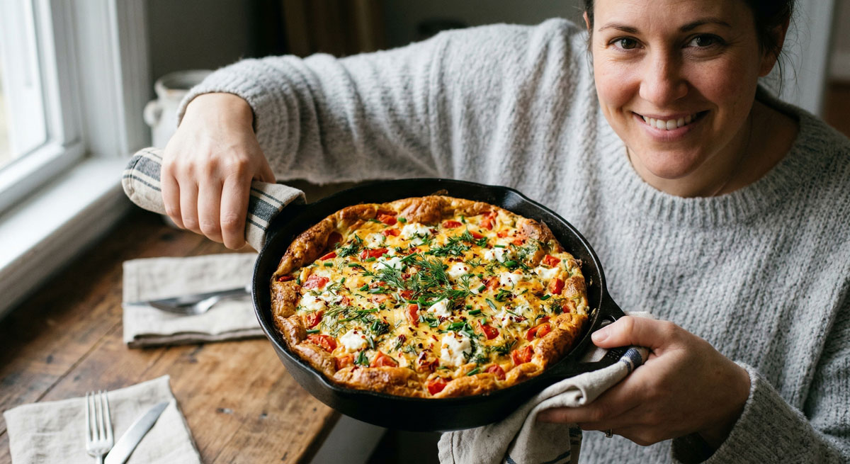 A smiling woman in a gray sweater holding a cast-iron skillet containing a freshly baked, vibrant Tomato Dill Frittata garnished with goat cheese and fresh herbs, set against a rustic wooden table.