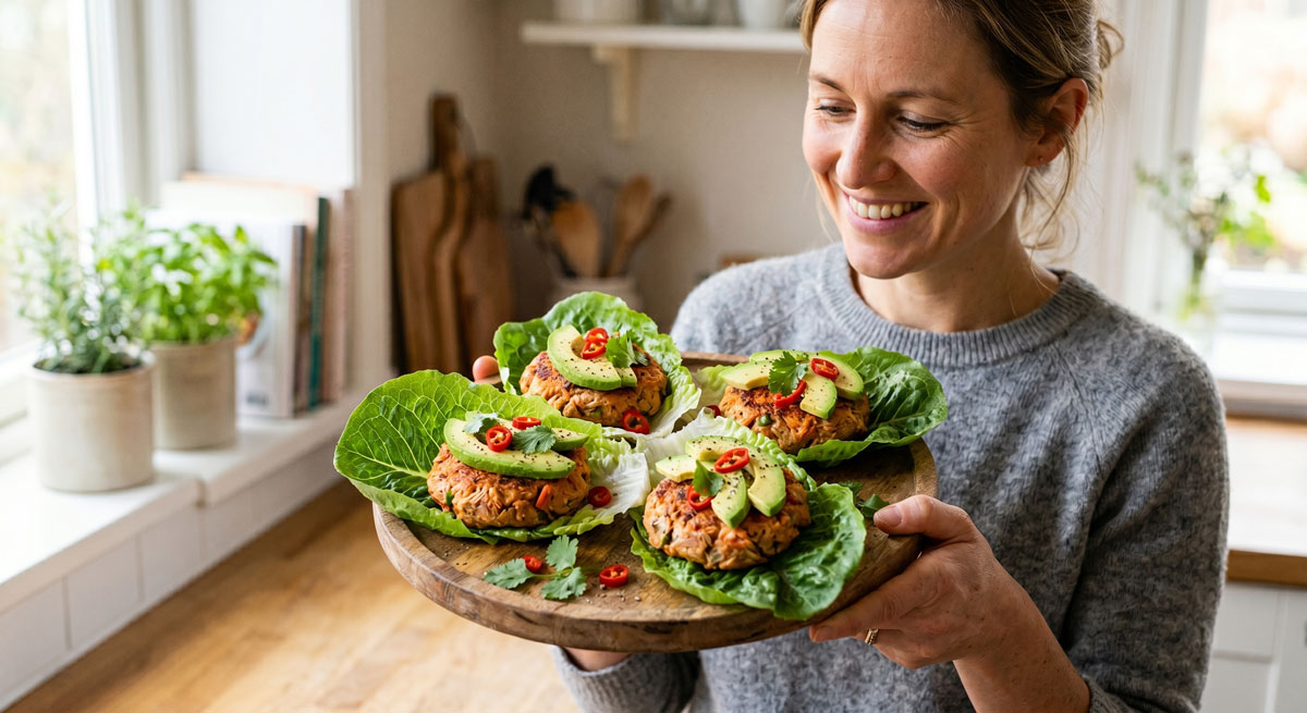 A smiling chef holds a platter of baked Tomato & Tuna Burgers served in healthy lettuce wraps with fresh avocado and chili toppings.
