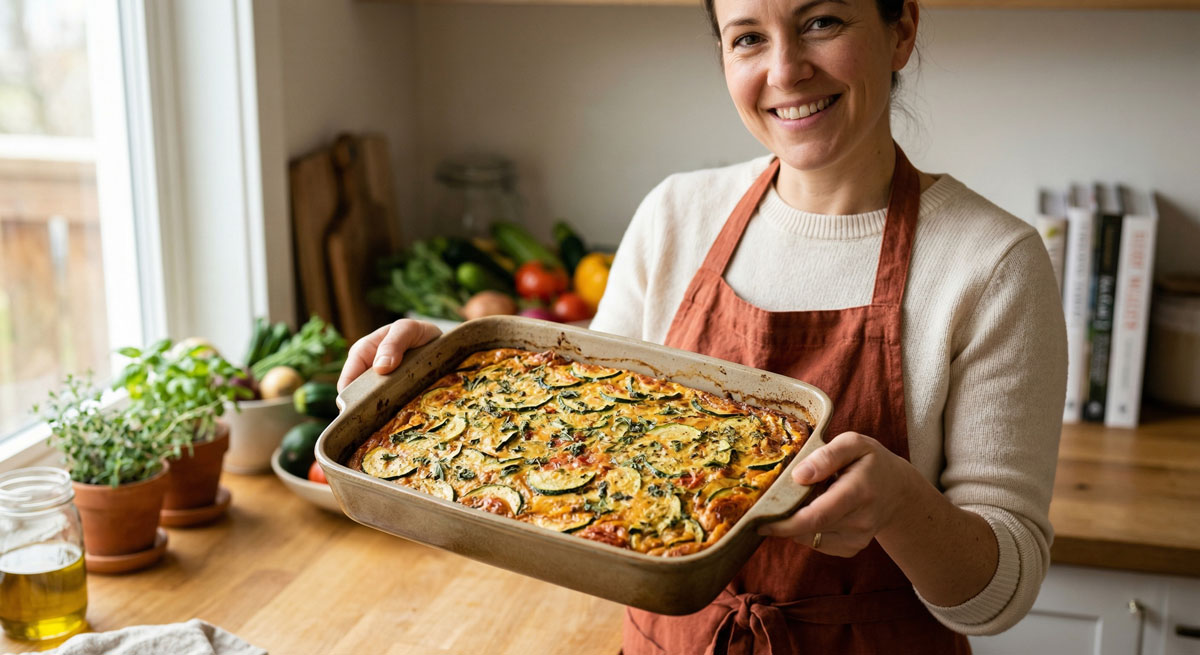 A smiling woman in an apron holding a rectangular baking dish filled with a baked Zucchini Frittata in a bright kitchen setting.