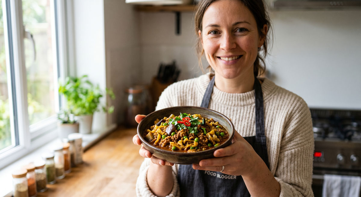 A smiling woman holding a warm, hearty bowl of Asian Mince Curry, featuring flavorful minced meat, eggplant, cabbage, and green peas, beautifully garnished in a rustic kitchen setting.