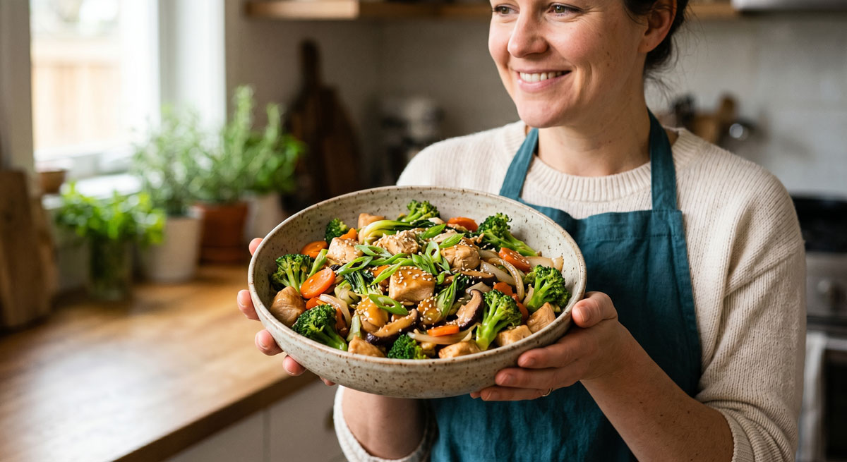 A smiling woman in a teal apron and cream sweater holds a large, rustic bowl of healthy chicken stir-fry loaded with broccoli, carrots, and shiitake mushrooms, in a sunlit kitchen.