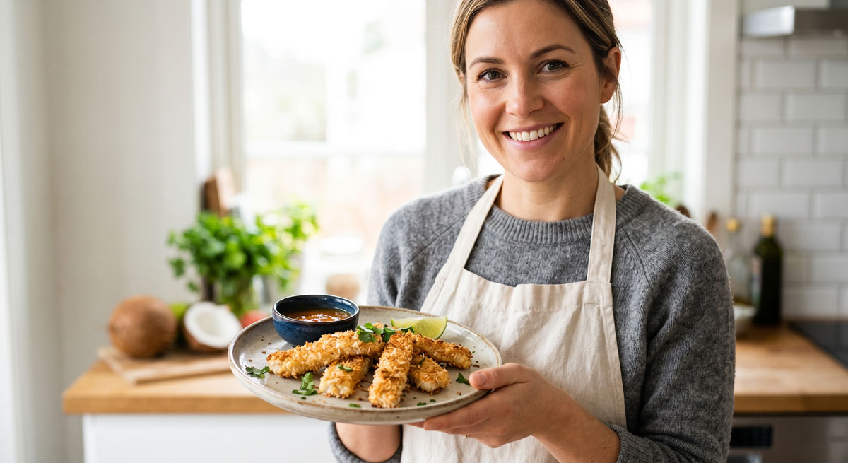A smiling female chef holds a plate of crispy, golden Coconut-Crusted Cod strips served with a dipping sauce and lime wedge in a bright kitchen.