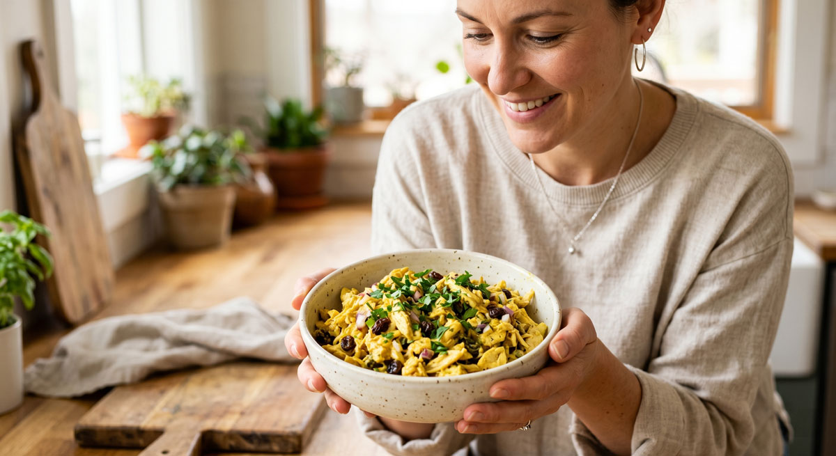 A smiling woman presenting a rustic ceramic bowl filled with vibrant Curried Chicken Salad, garnished with fresh herbs and raisins, set in a brightly lit kitchen.