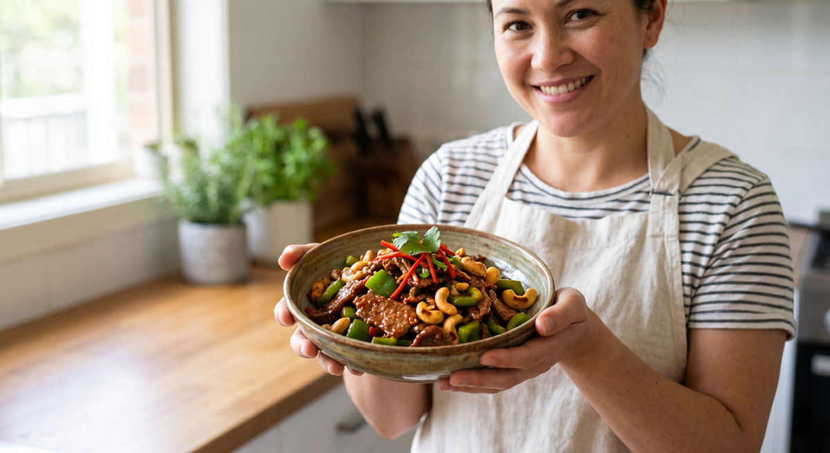 Smiling woman in an apron presents a bowl of beef and vegetable stir-fry in a bright kitchen