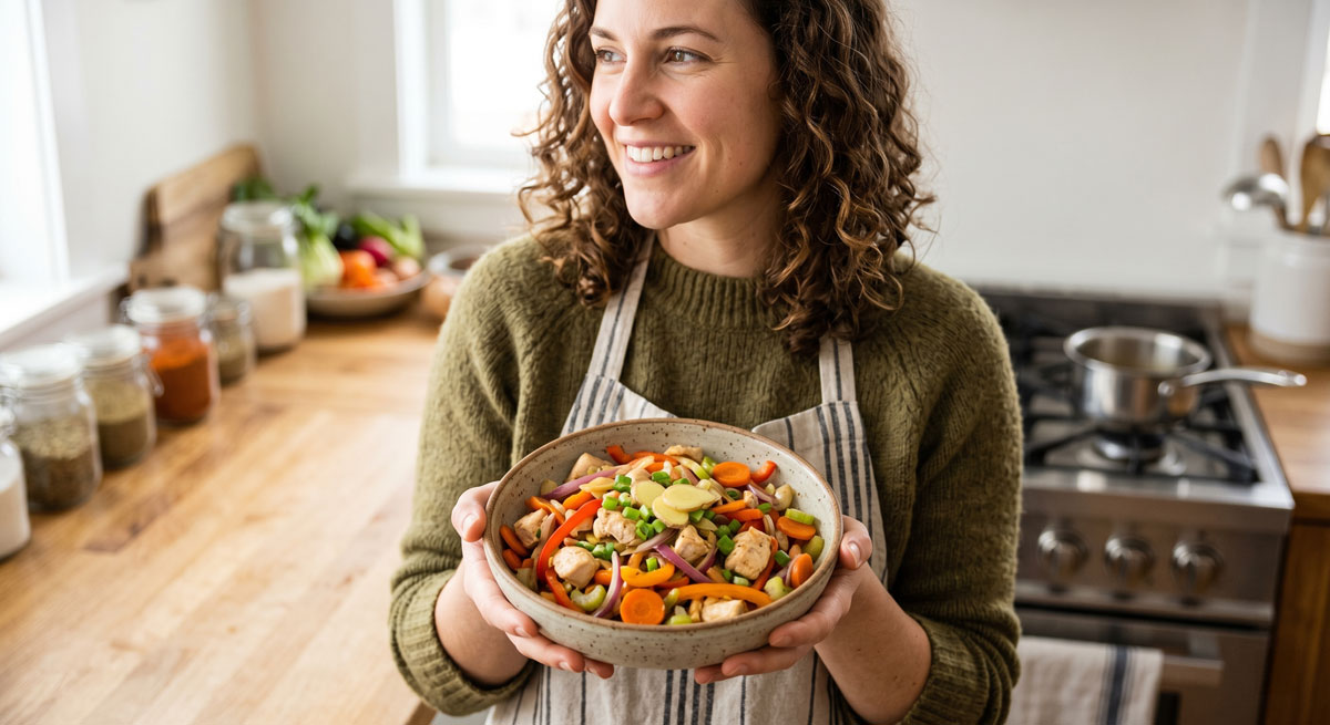 A close-up view of a smiling woman holding a bowl of freshly prepared, healthy Gingery Chicken & Veggies stir-fry packed with colorful carrots, peppers, and onions in a bright kitchen setting.