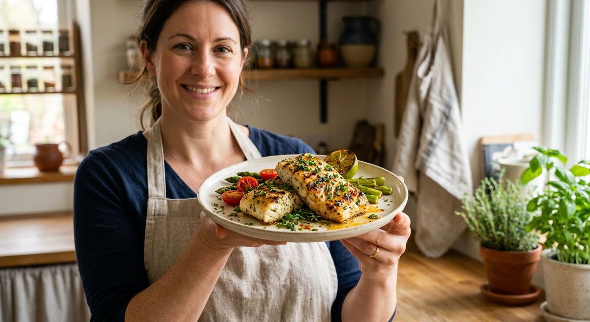 Smiling woman in a kitchen holds a plate with herb-crusted grilled fish, asparagus, and cherry tomatoes with a lemon wedge.