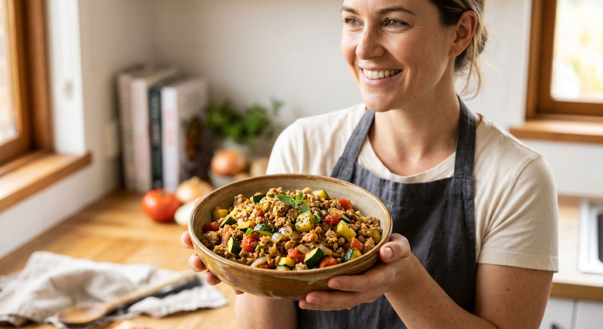Smiling woman in a kitchen holds a bowl of colorful minced-meat and vegetable dish, facing the camera.