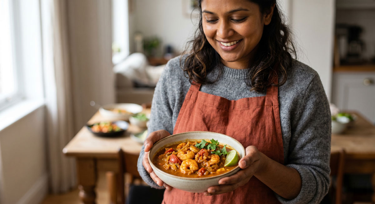 Smiling woman in a gray sweater and orange apron holds a bowl of shrimp curry with lime in a home kitchen.