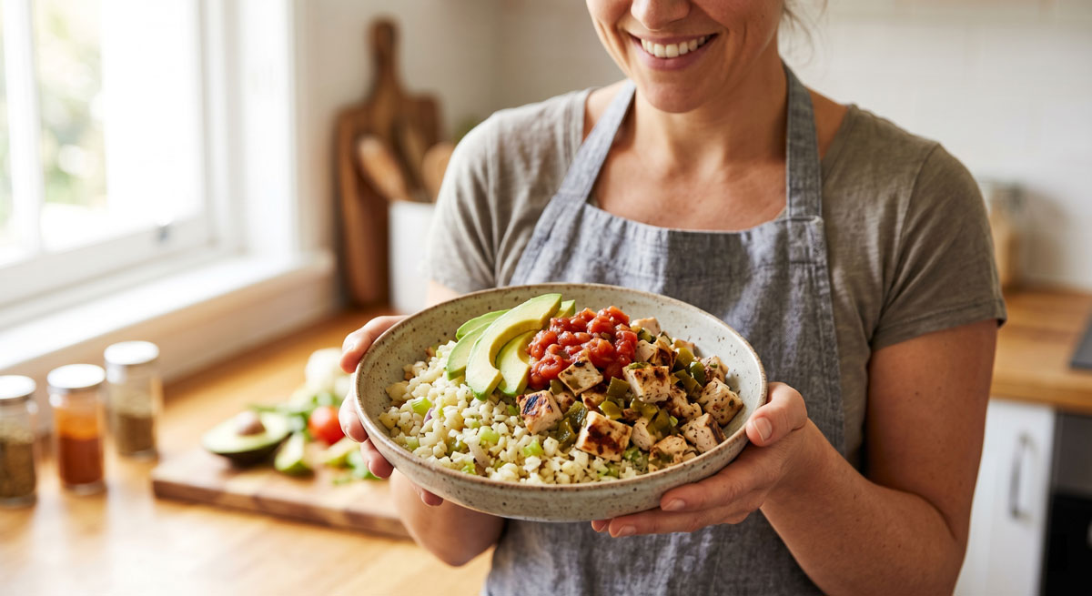 A smiling home chef in a kitchen holding a healthy bowl of Mexican Chicken with Cauliflower Rice, topped with fresh avocado slices and salsa.