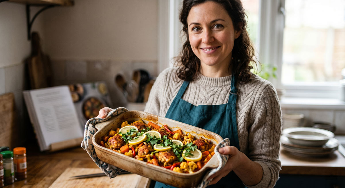 A smiling female chef wearing a blue apron holds out a rustic ceramic dish filled with a colorful and fragrant Moroccan Chicken Casserole, garnished with lemon slices and fresh cilantro, in a cozy kitchen setting.