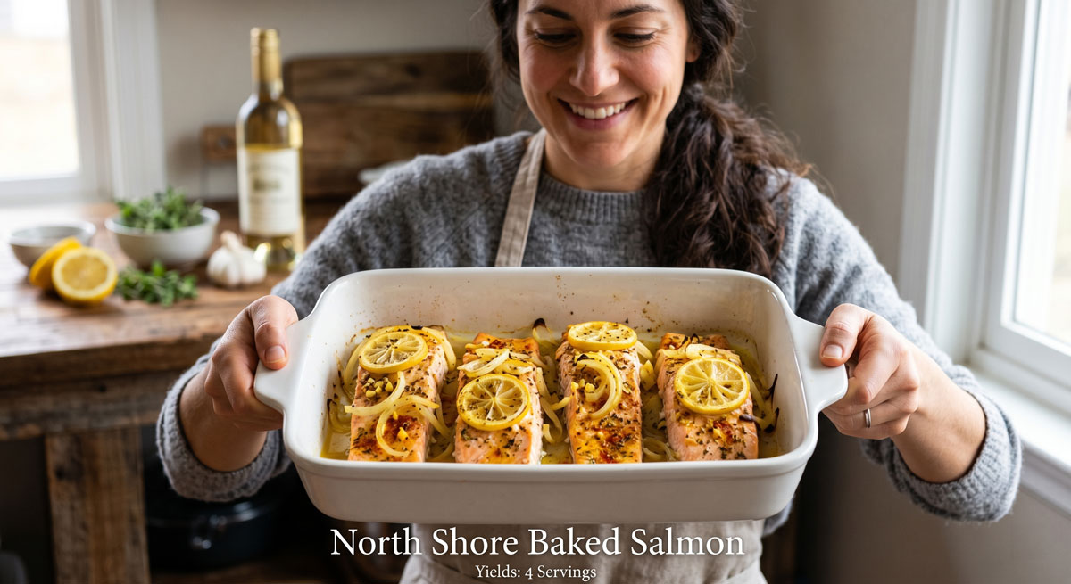 A smiling woman presenting a 9x13 baking dish of freshly cooked North Shore Baked Salmon, garnished with lemon slices, white wine reduction, and aromatic spices.