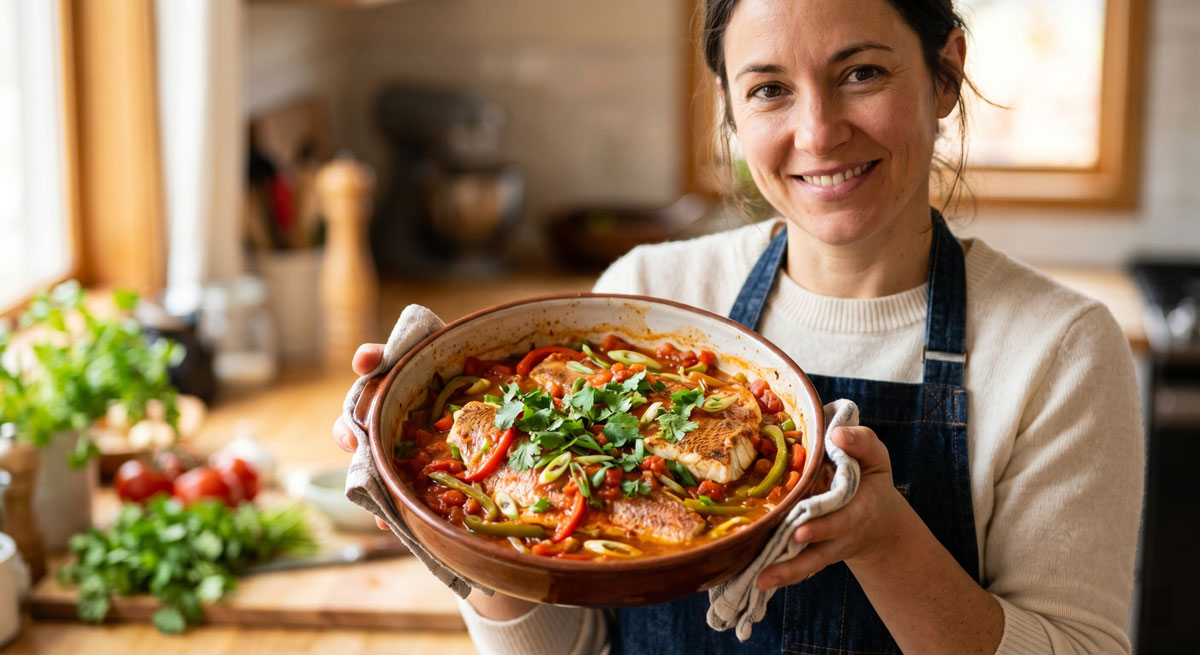A smiling woman in an apron holds a hearty, rustic bowl of Red Snapper in Sauce, garnished with fresh cilantro and peppers, ready to be served.