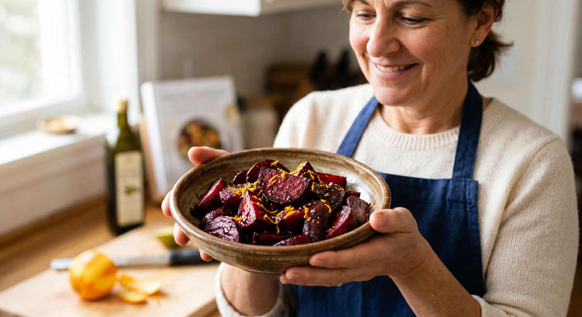 A woman in a blue apron holds a rustic ceramic bowl of Roasted Beets with Balsamic Glaze, topped with fresh orange zest, in a kitchen setting.