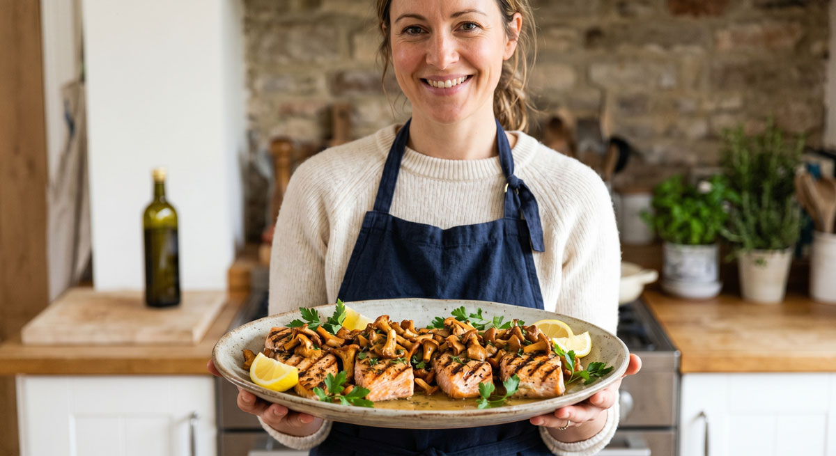 A smiling female chef holding a platter of grilled Salmon with Chanterelle Mushrooms and a white wine reduction sauce in a rustic kitchen.